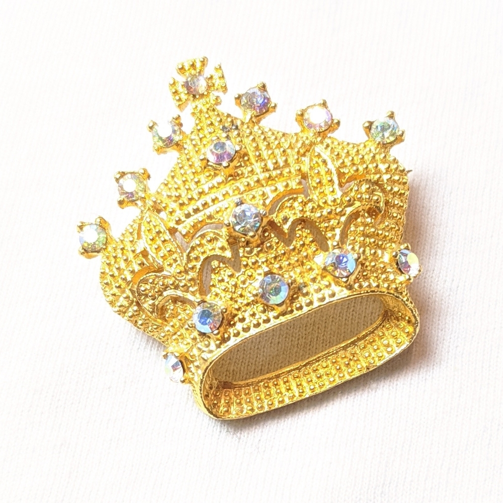 Vintage Golden Crown Clear Rhinestone Brooch Pin